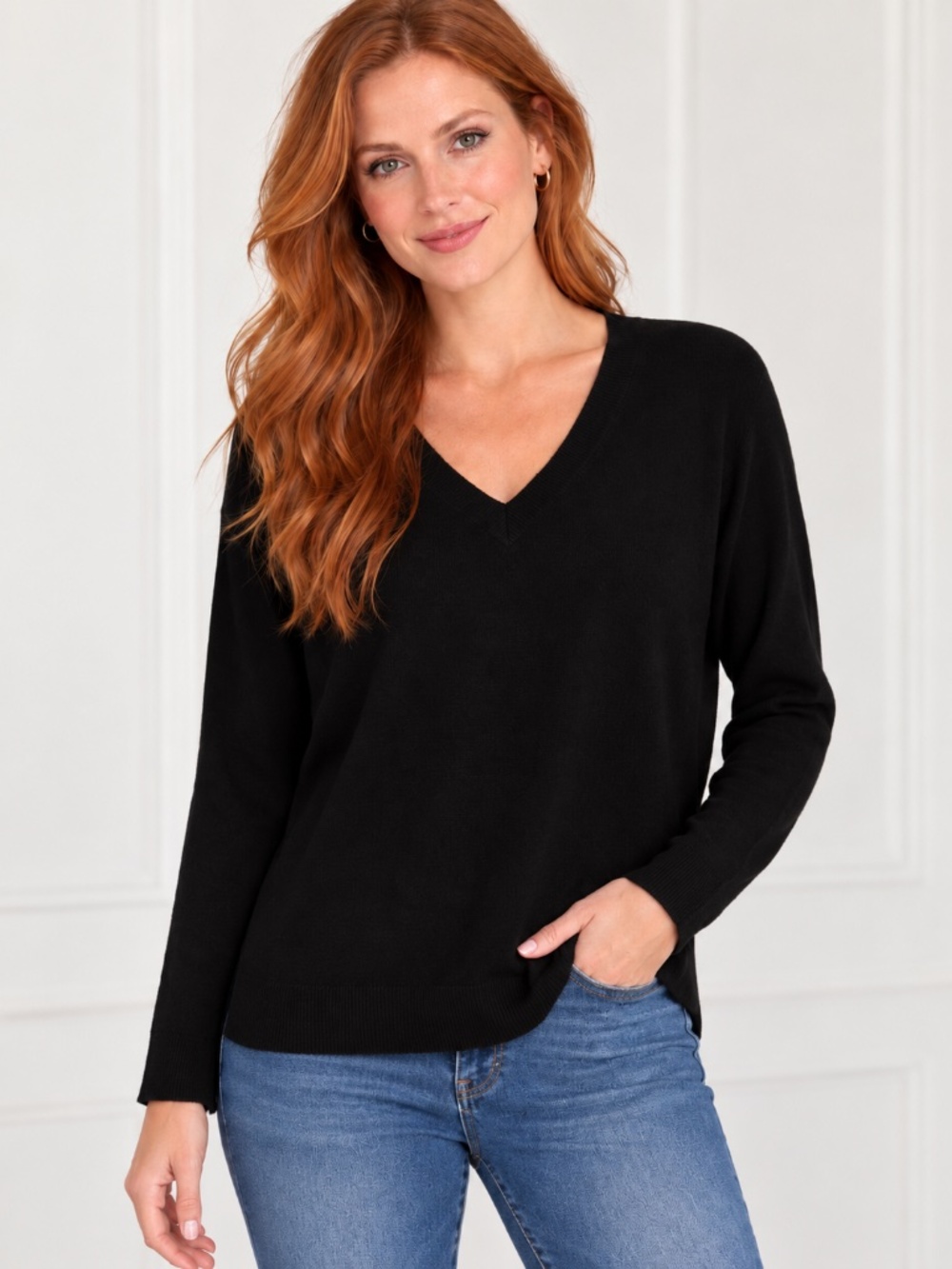 ***NEW***Tahari 100% Pure Cashmere V-Neck Sweater –Black,  Size XL (Relaxed Fit)
